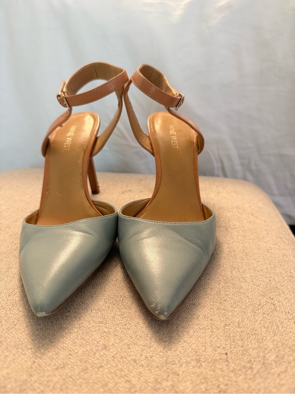 Nine West Two-Tone Pointed-Toe Ankle-Strap Heels in Light Blue and Tan